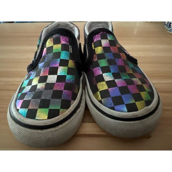 Vans Slip-On Shoes Girls Size 6 Iridescent/Black Checkerboard US Toddler - Picture 2 of 11